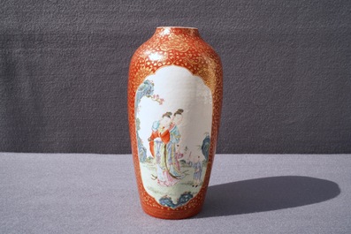 A Chinese famille rose gilt coral-ground eggshell vase, Yongzheng